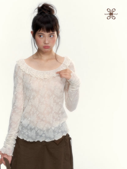 “Everyday Mist” Jacquard Lace Layering Top ( Ivory / Fog Gray )