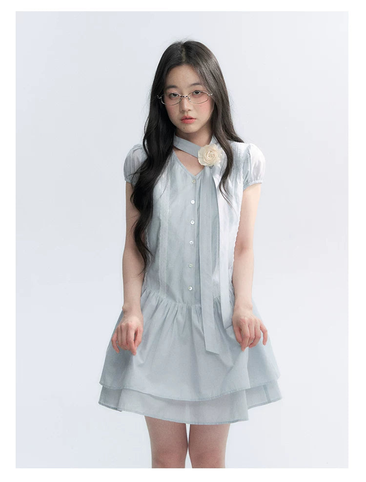"Cedar Salt" Cool Moon Blue Lace Trim Puff Sleeve Dress