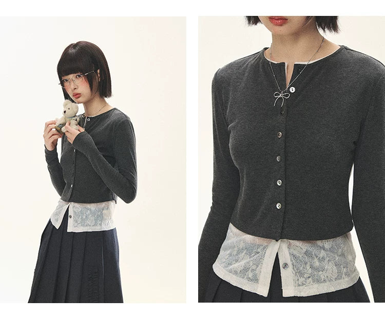 "Layered Blossom" Faux-Layer Knit Cardigan (Sakura Pink/ Heather Gray)