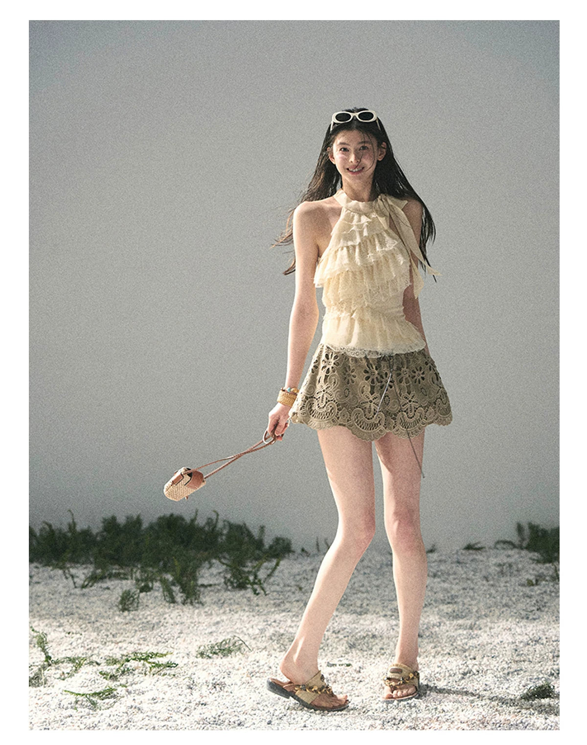 “Spring Traces in Tulle” Pale Butter Lace Halter Top