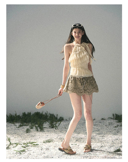 “Spring Traces in Tulle” Pale Butter Lace Halter Top
