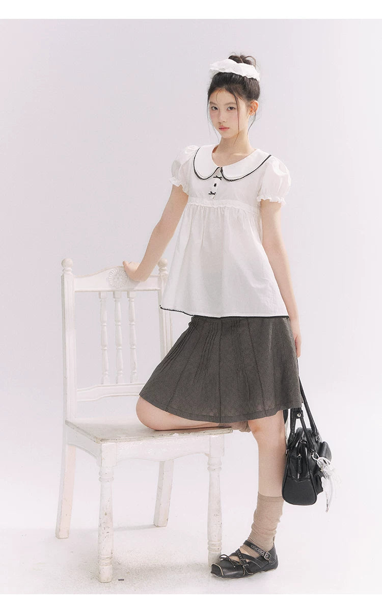 “Misty Texture” Gray Plaid Trim Embroidered A-Line Skirt