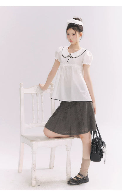 “Misty Texture” Gray Plaid Trim Embroidered A-Line Skirt