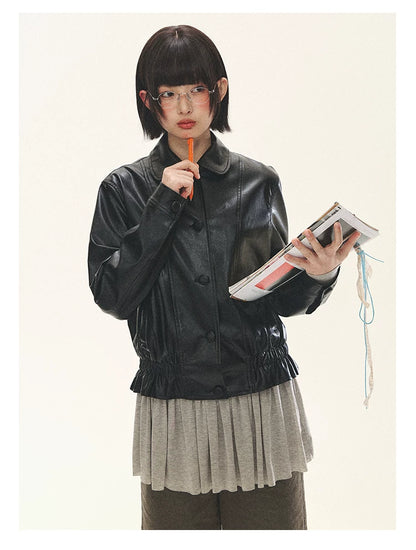 "Venus Gallery" Black Ruffle Collar Cropped Faux Leather Jacket