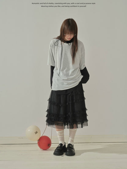 "Soft Check Layers" Plaid Mesh Midi Skirt (White Plaid / Black Plaid)