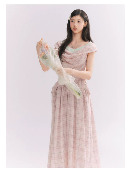 “Heartfelt Rendezvous” Pink Plaid Maxi Dress