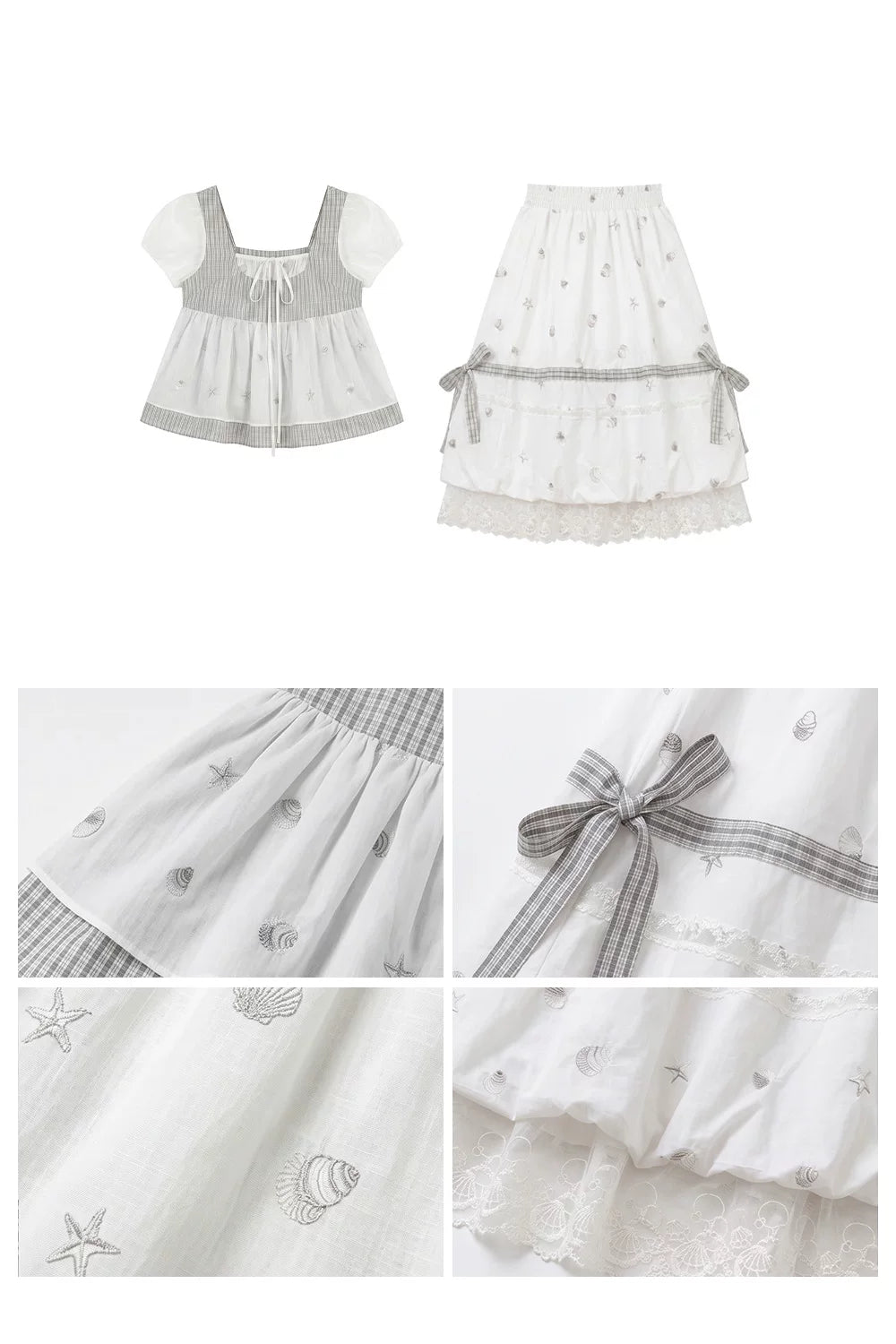 “Misty Isle White Tea” Grey White Polka Dot Skirt Set