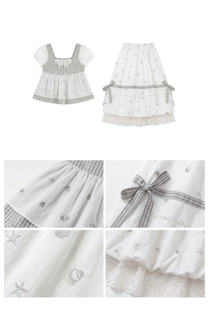 “Misty Isle White Tea” Grey White Polka Dot Skirt Set