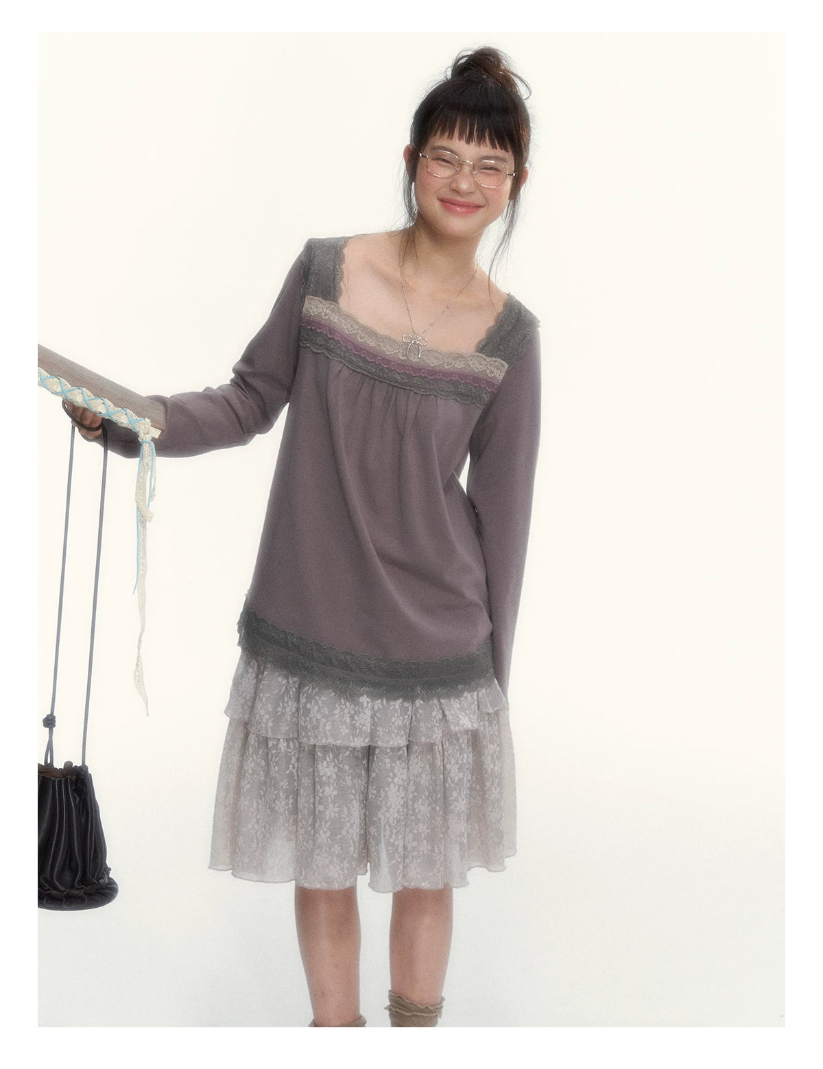 Gray Purple Lace-Trimmed Square-Neck Long-Sleeve T-Shirt