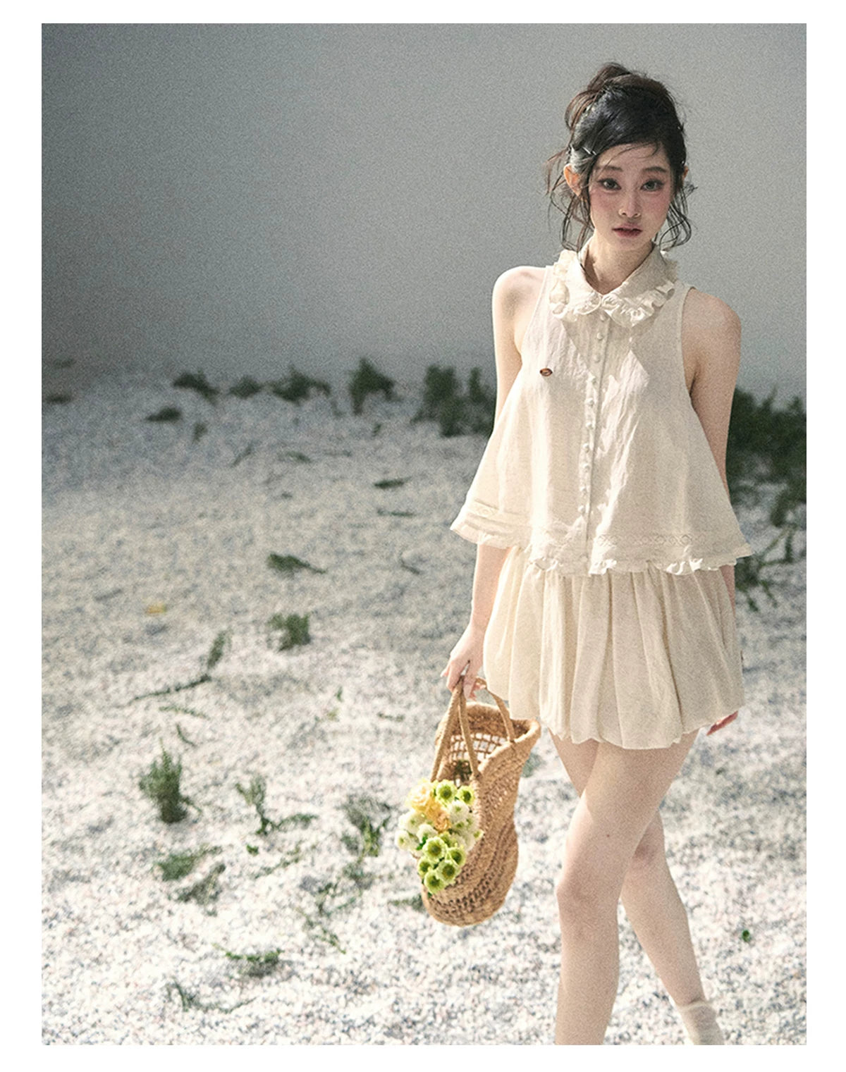 "Soft Cloud Reverie" Dutch Cream Lace Top & Bubble Skirt & Wide-Leg Pants Set 5468465