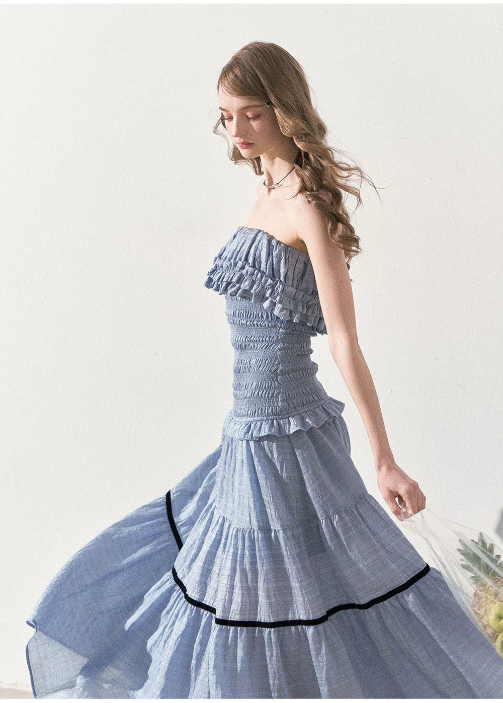 "Twilight Verses" Misty Blue Smocked Ruffle Maxi Dress
