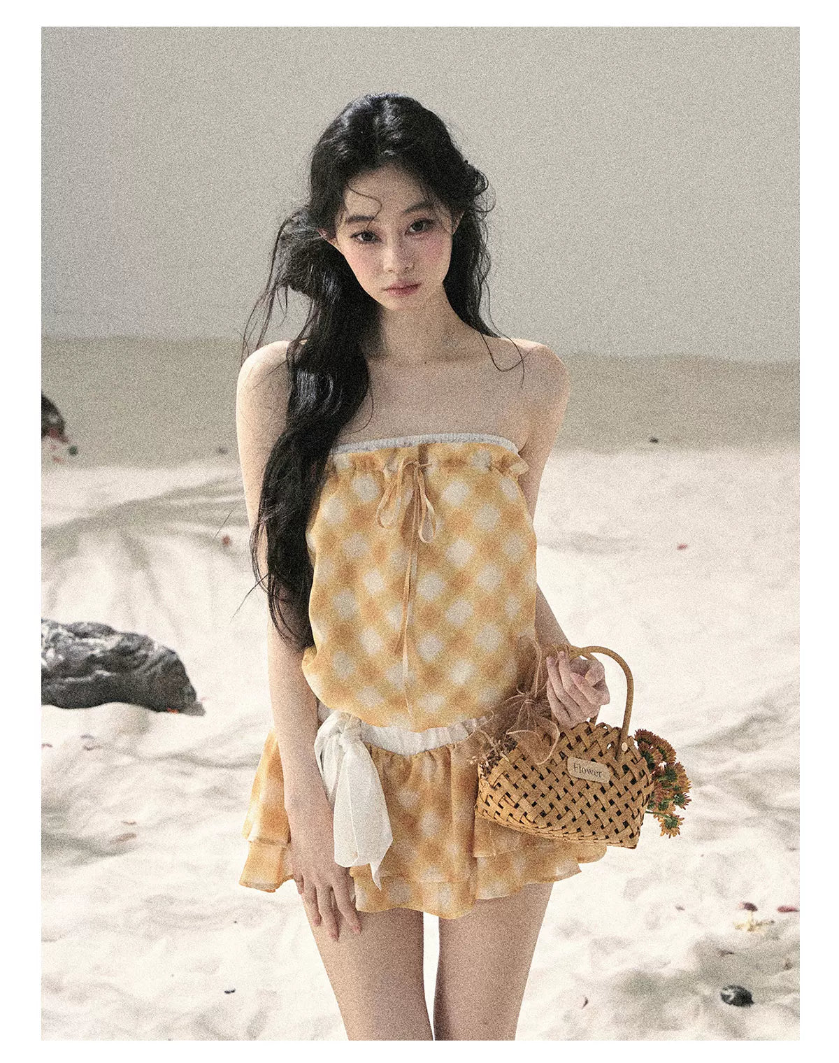 "Breeze Upon the Waves" Cheese Yellow Off-Shoulder Diamond Quilted Mini Dress