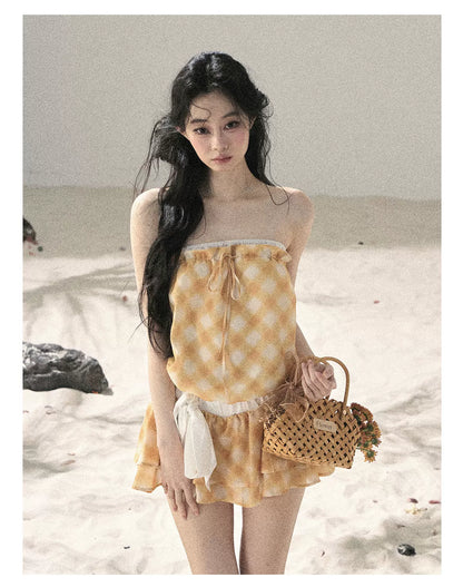 "Breeze Upon the Waves" Cheese Yellow Off-Shoulder Diamond Quilted Mini Dress