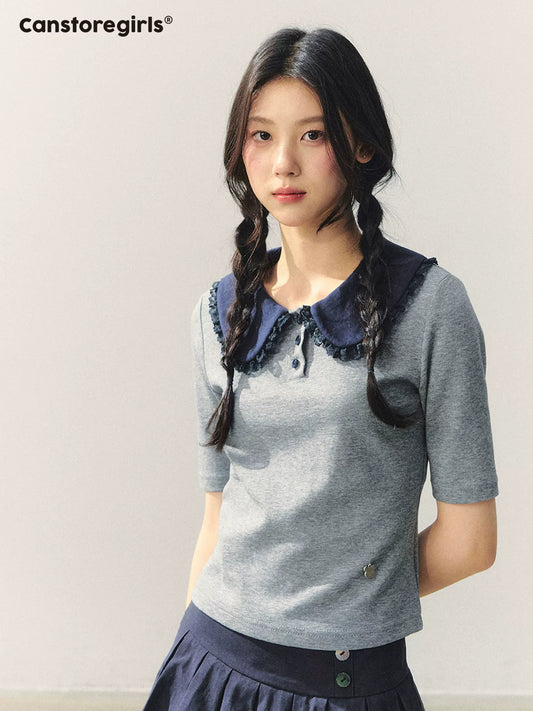 "Blue Collar Diary" Contrast Doll Collar Knit Tee YL2026054