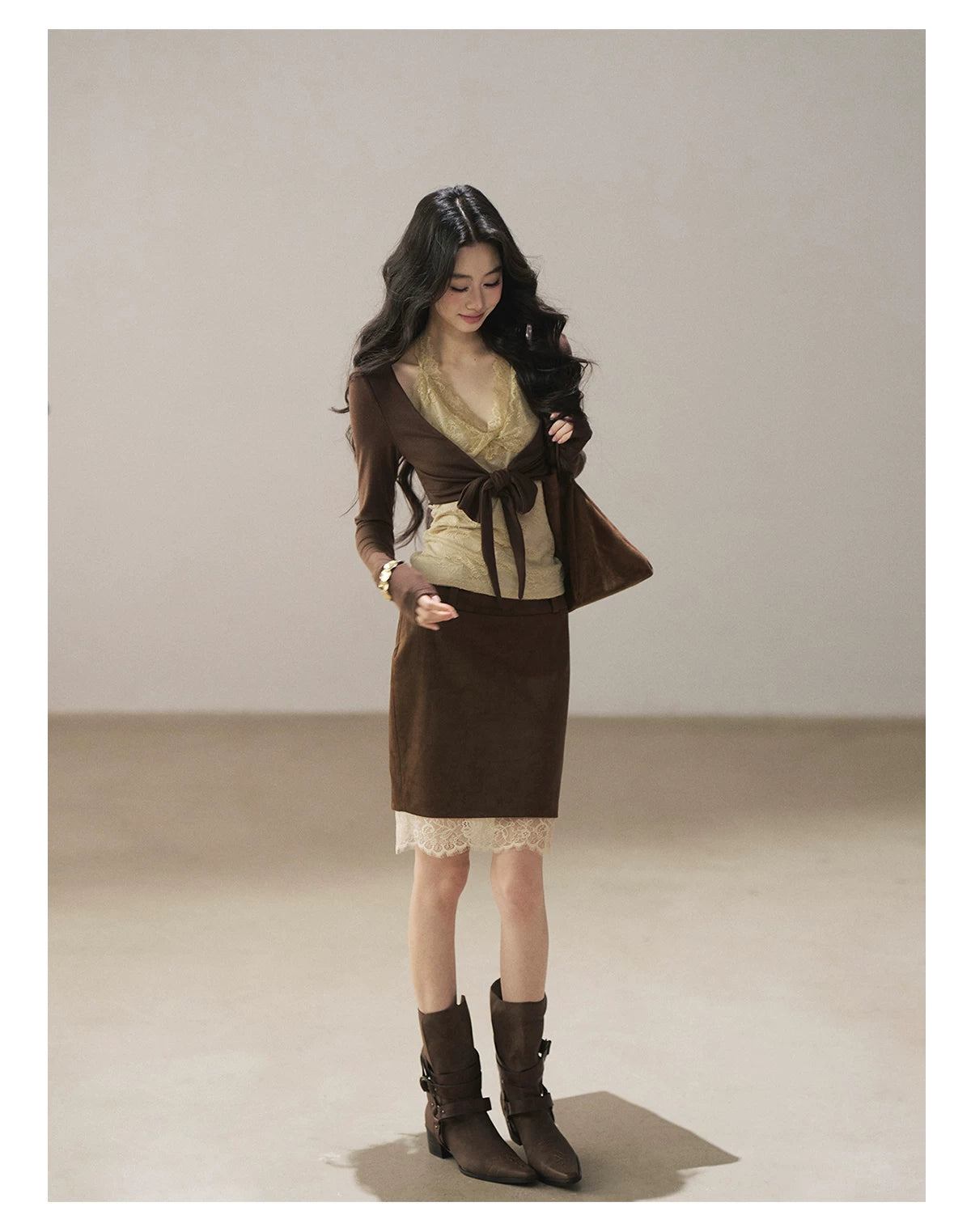 AOMALM - "Tender in This Moment" Rich Cocoa Faux Two-Piece Lace Top