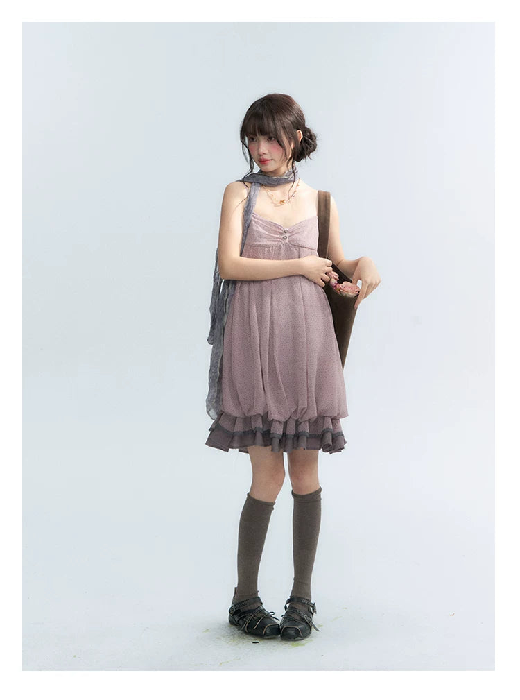 "Misty Lavender Reverie" Vintage Floral Lace Trim Midi Slip Dress