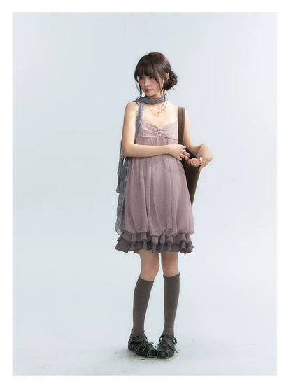 "Misty Lavender Reverie" Vintage Floral Lace Trim Midi Slip Dress