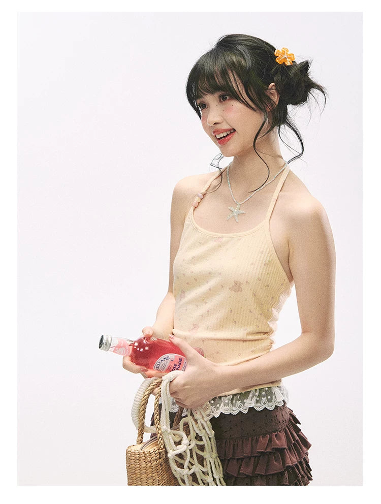 "Bear Cottage Holiday" Butter Yellow Lace Trim Bear Print Halter Knit Cami Top
