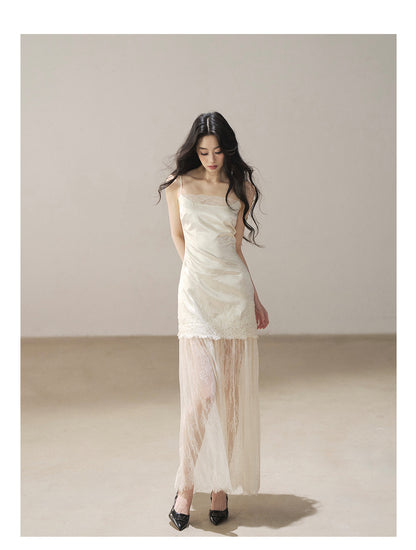170726 "Your Open Meadow" Cream Apricot White Lace Slip Dress + Gray Taupe Tailored Blazer