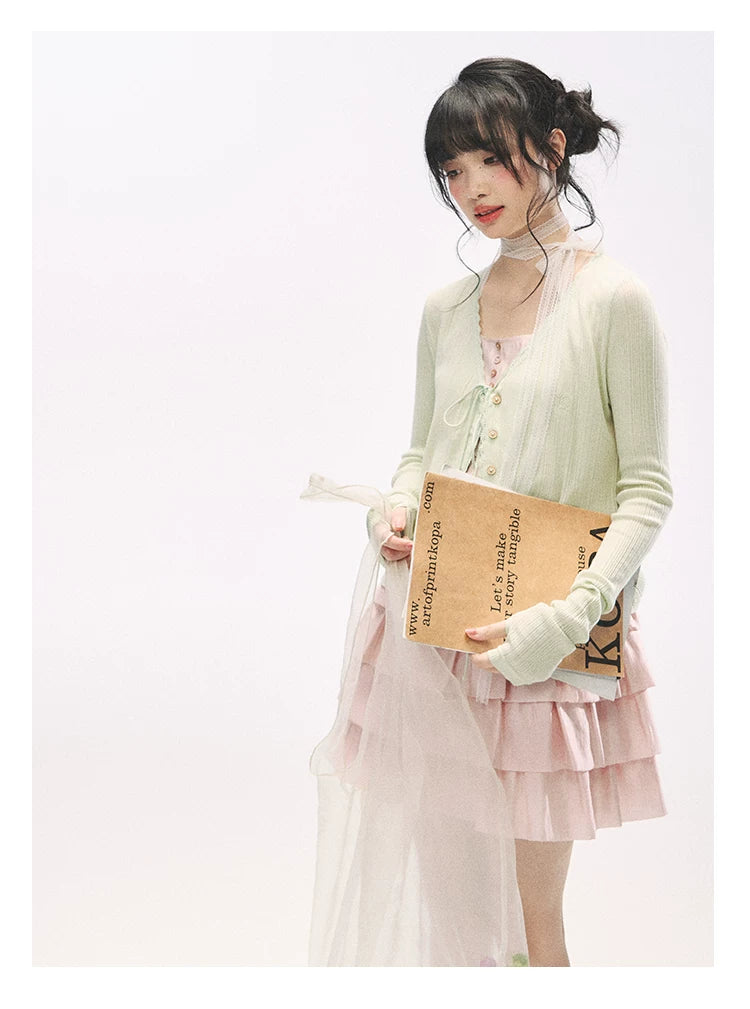 "Comfort Corner" Tie-Front Knit Cardigan (Melon Green/ Peacock Blue)