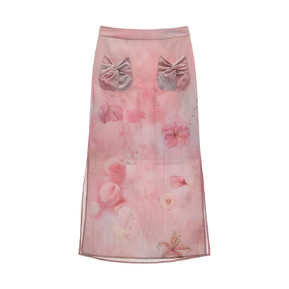 "Peach Bloom Mood" Bow Cami & Midi Skirt Set WE906