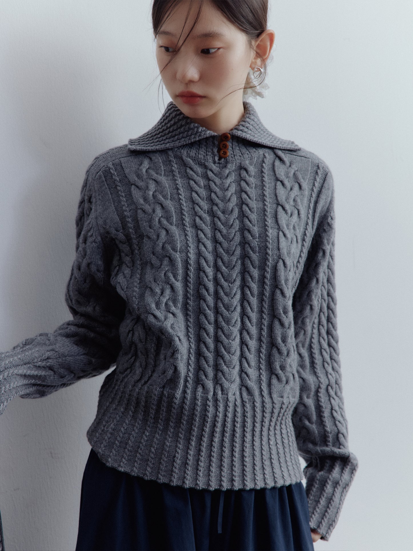 FUSSED A Nerd’s Daily Twist Cable & Textured Pullover – Mist Grey FOF-25SS164a