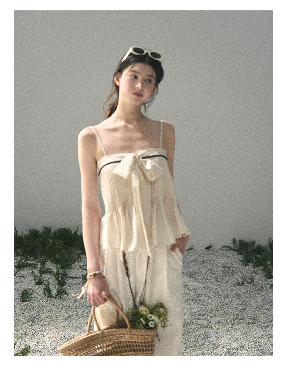 “Breeze Over Pleats” Cream Ribbon Camisole Top
