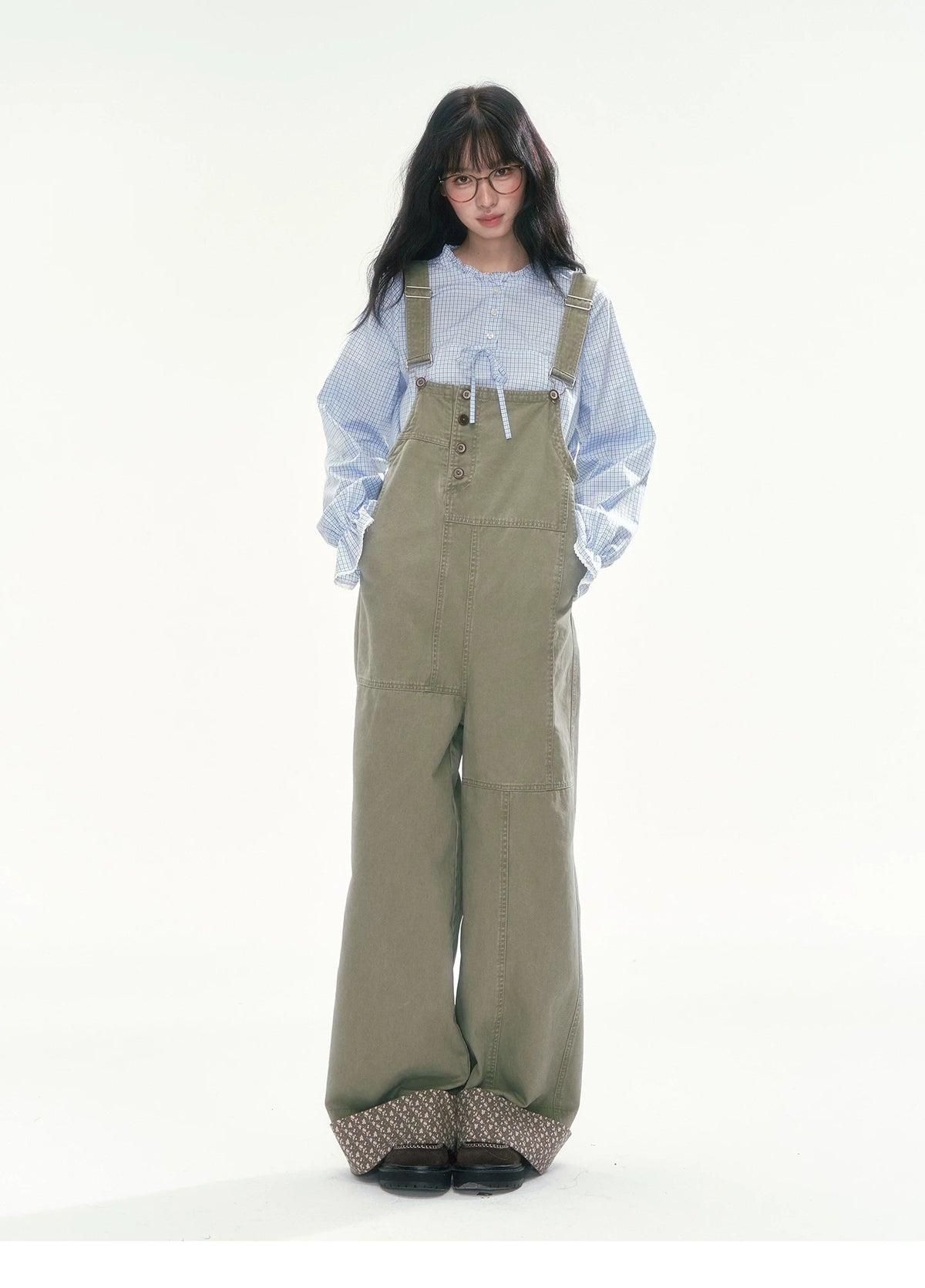 [CAN] Olive Green Floral-Trim Cargo Overalls