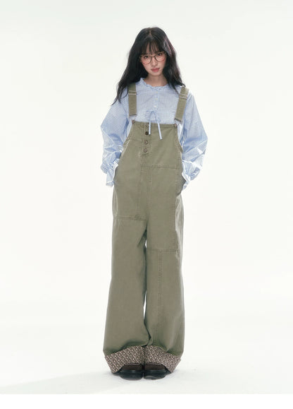 [CAN] Olive Green Floral-Trim Cargo Overalls