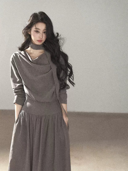 AOMALM - Gray-Purple Pleated Maxi Dress with High-Waisted Cinch Belt