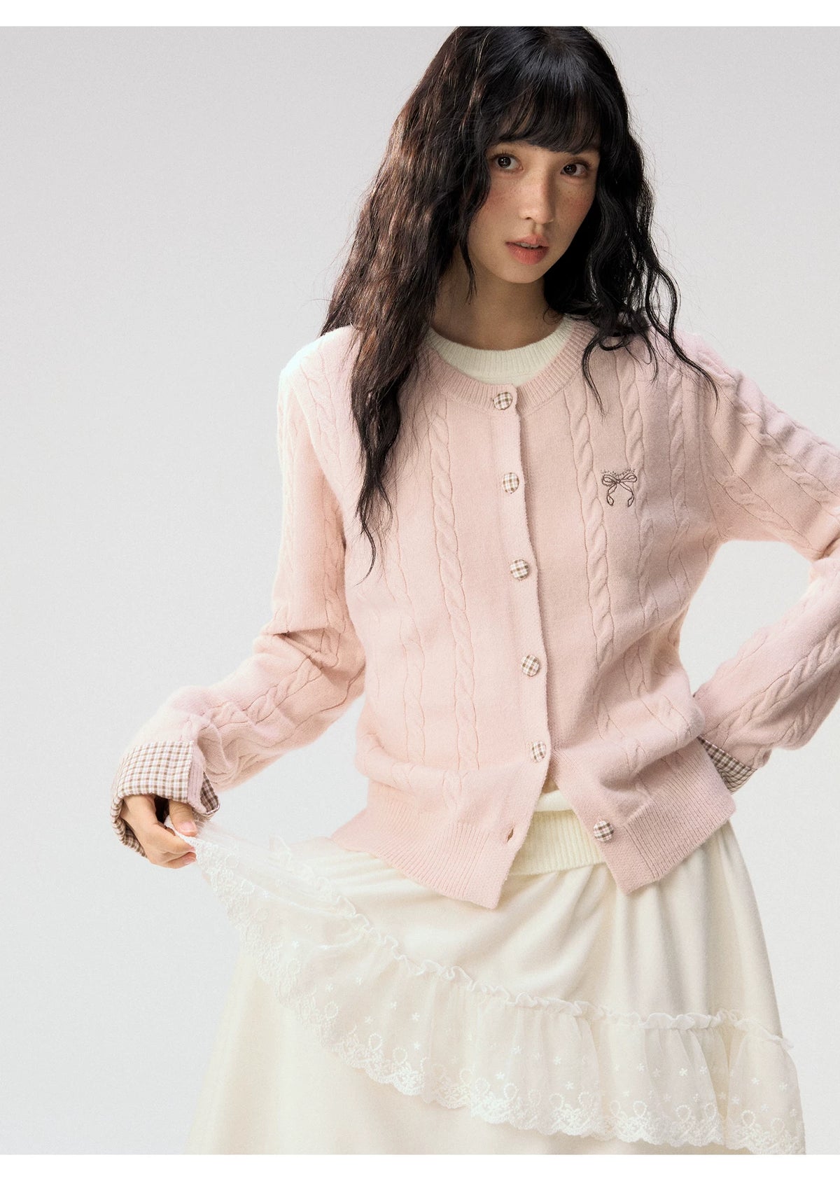 [CAN] "Autumn Letter" Bow Embroidered Faux-Layered Cable Knit Cardigan (Pink & White / Sage Green & Brown)