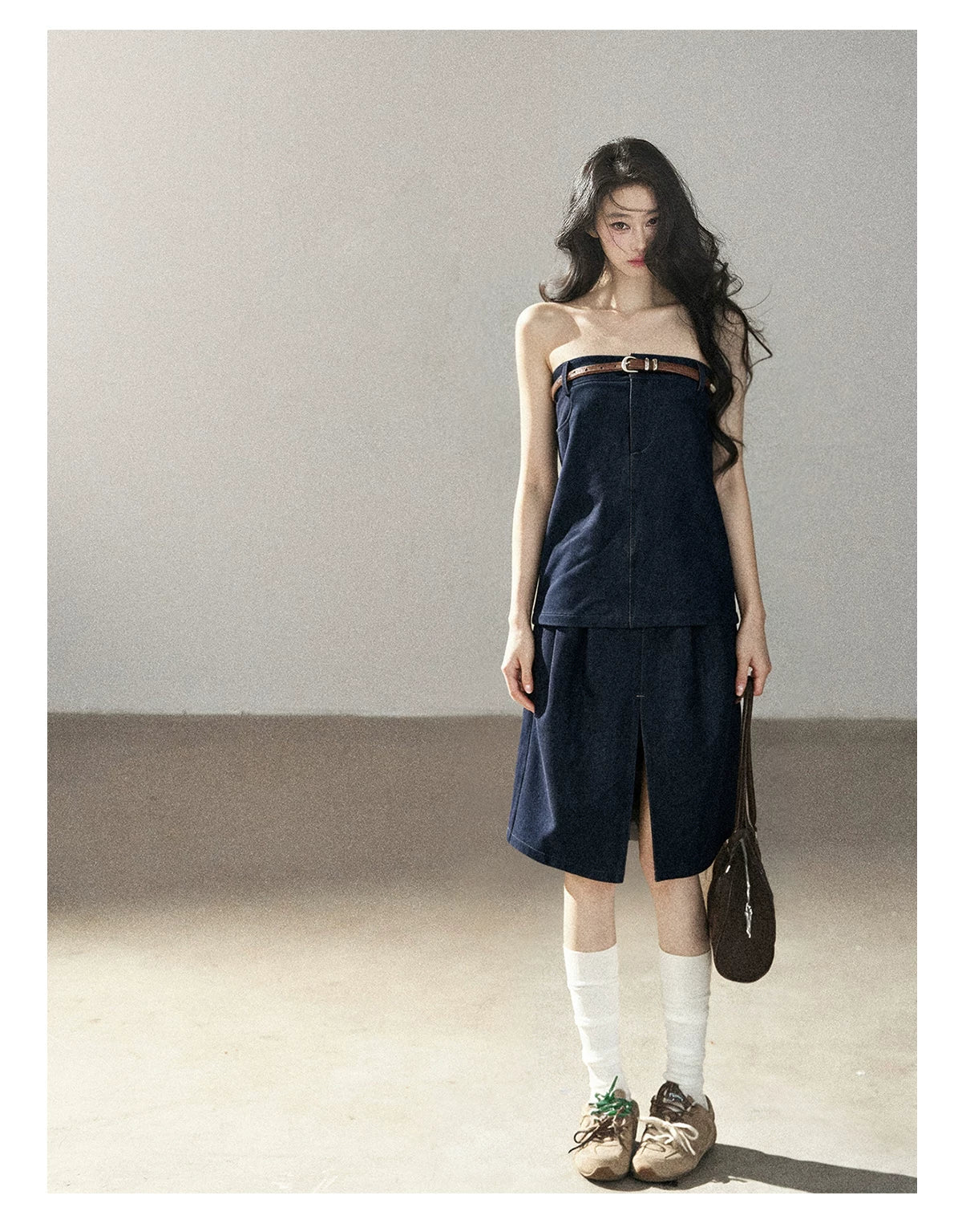AOMALM - "Bluebell in Suspension" Navy Blue Korean Denim-Inspired 2-Piece Skirt Set