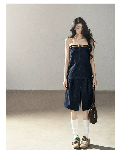 AOMALM - "Bluebell in Suspension" Navy Blue Korean Denim-Inspired 2-Piece Skirt Set
