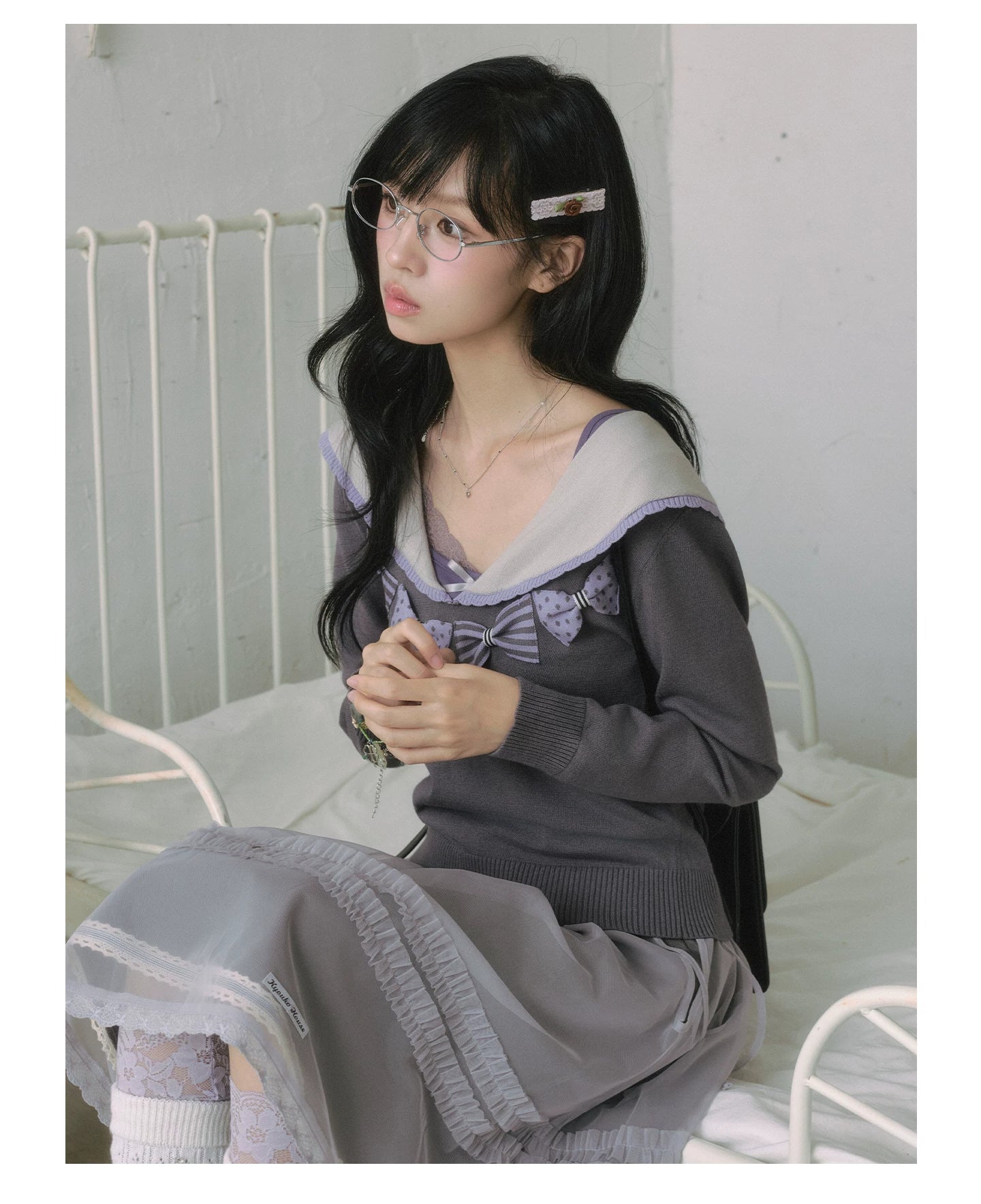 "Sage Whisper" Ethereal Layered Collection (Sailor Knit Sweater / Pleated Midi Skirt / Mesh Overlay Skirt)