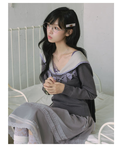 "Sage Whisper" Ethereal Layered Collection (Sailor Knit Sweater / Pleated Midi Skirt / Mesh Overlay Skirt)