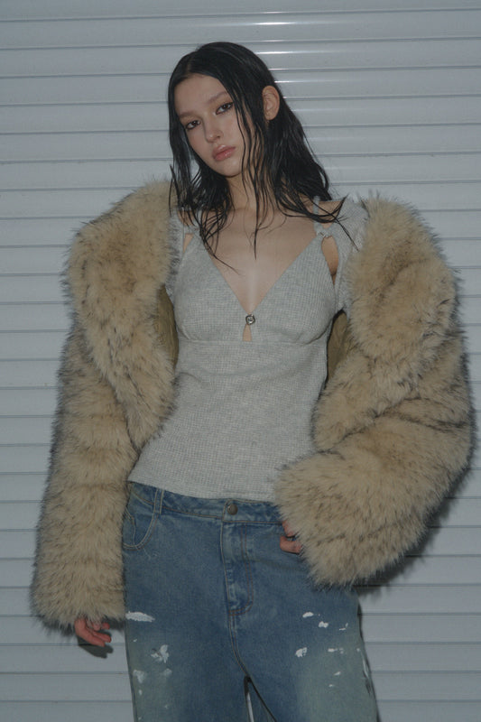 Muirgen - Y2K Tipped Faux Camel Hair Shawl Cropped Jacket