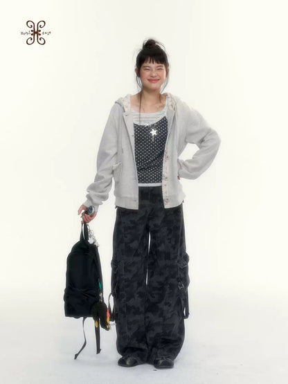 “Blooming Reverie” Light Heather Gray Floral Hooded Cardigan Sweatshirt