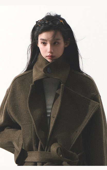 OAKMOO/ "The Flowers Are in Full Bloom" Jade Green Wool-Blend Short Belted Coat