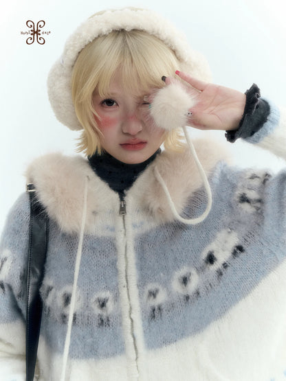 Horridale - Ice Blue White Sheep Jacquard Hooded Knit Cardigan
