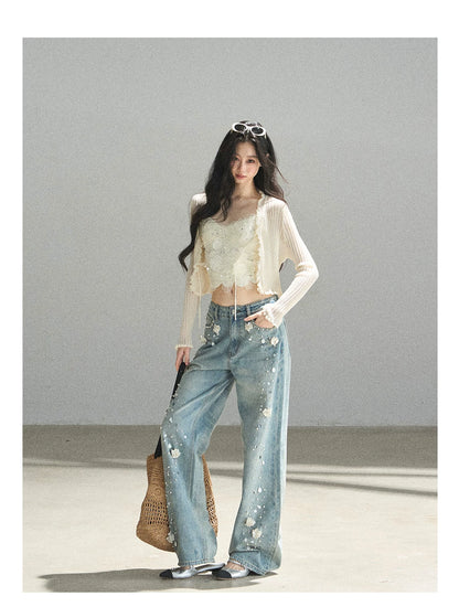 "Waiting for the Breeze" Apricot Lace Knit Cardigan & Cami Set