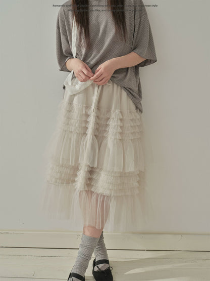 "Misty Layers" Tiered Mesh Skirt (Black / Greige)