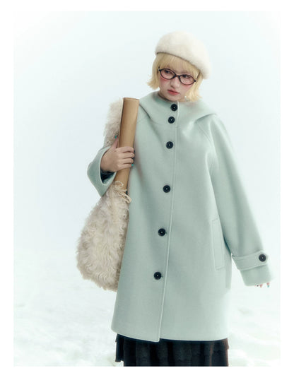 Pale Aqua Green Hooded Cocoon Wool-Blend Coat
