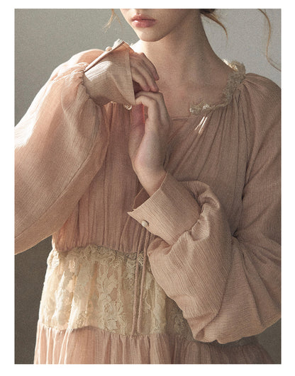 170726 "Ripples of Autumn" Milk Tea Lace Blouse & Bubble Shorts Set