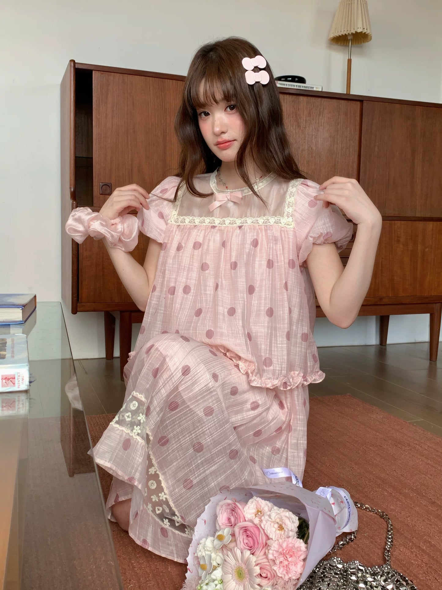 [RF] “Peach Polka Daydream” Pink Polka Dot Two-Piece Skirt Set