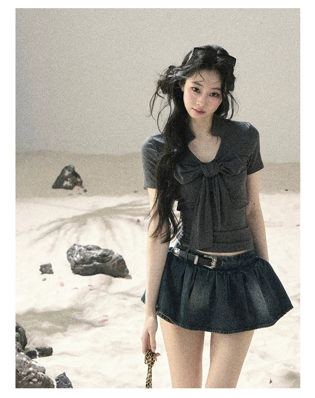 "Breeze Through the Bow" Slate Gray V-Neck Crop Top