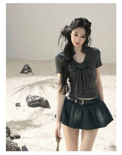 "Breeze Through the Bow" Slate Gray V-Neck Crop Top