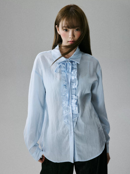 LOST FOREST - Water Blue Asymmetrical Lyocell Tie-Strap Blouse with Ruffle Trim