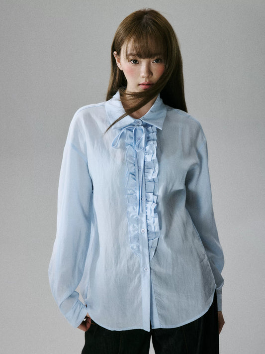 LOST FOREST - Water Blue Asymmetrical Lyocell Tie-Strap Blouse with Ruffle Trim