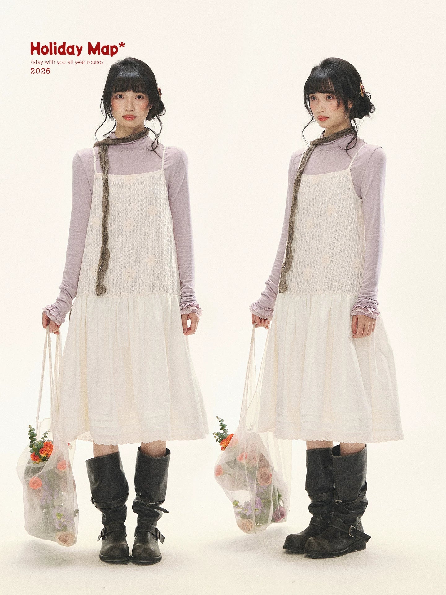 "Ivory Blossoms" Apricot Mist Beige Floral Pinafore Midi Dress