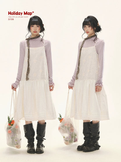 "Ivory Blossoms" Apricot Mist Beige Floral Pinafore Midi Dress